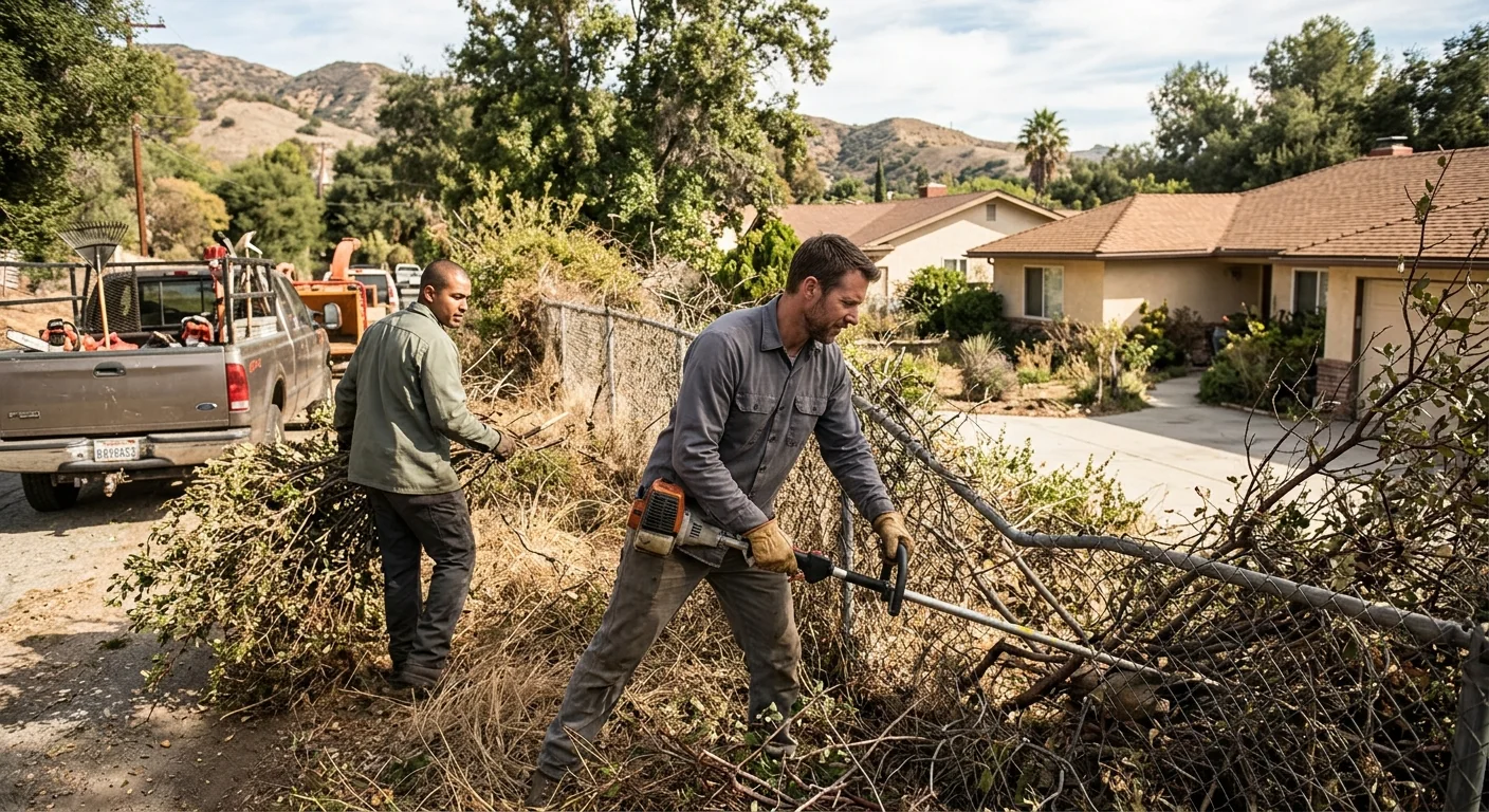 Overgrown brush and dry chaparral crowding a foothill property fence line in Altadena