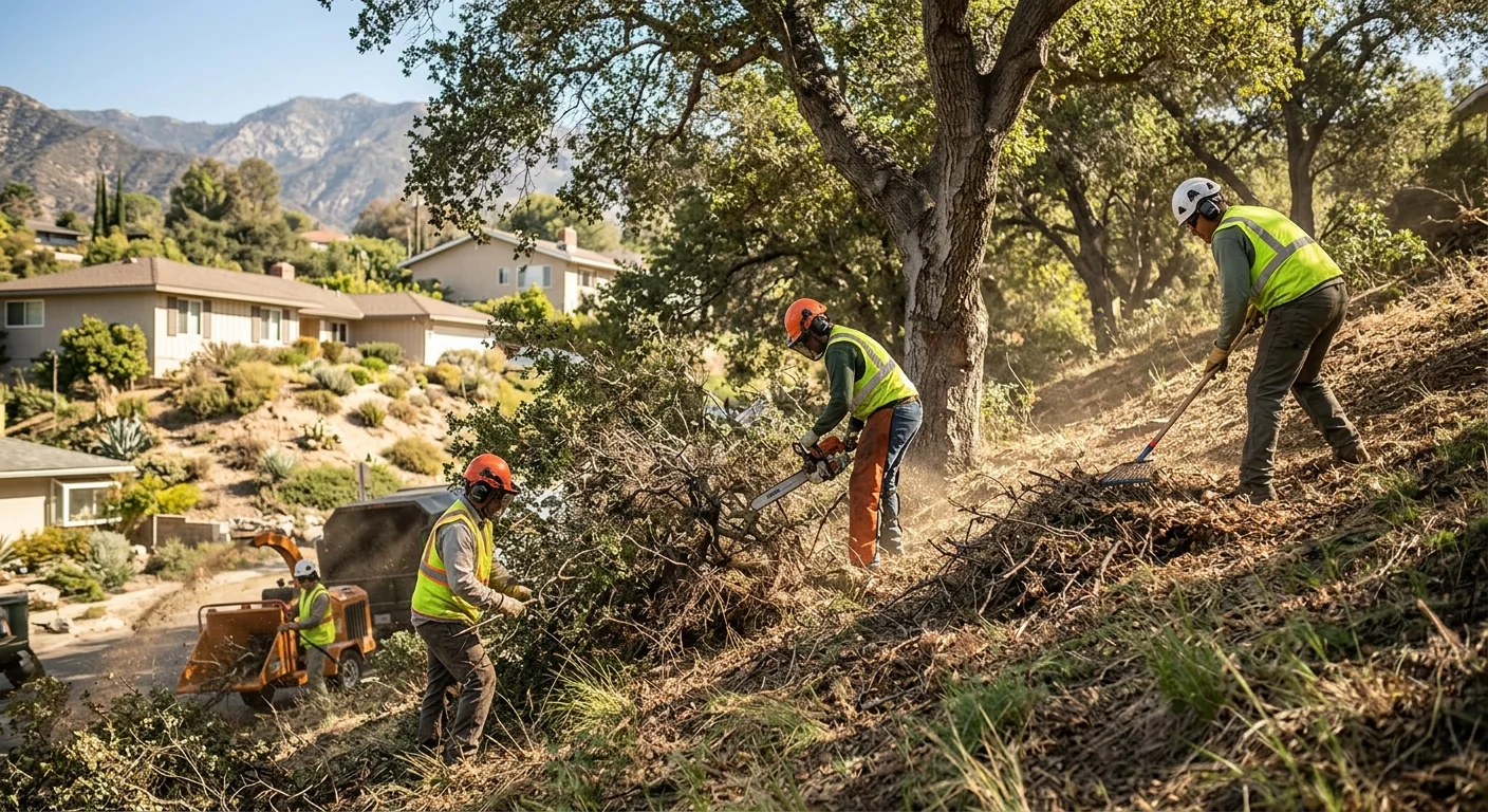 Crew clearing dense understory and woody debris beneath mature oaks on a hillside lot