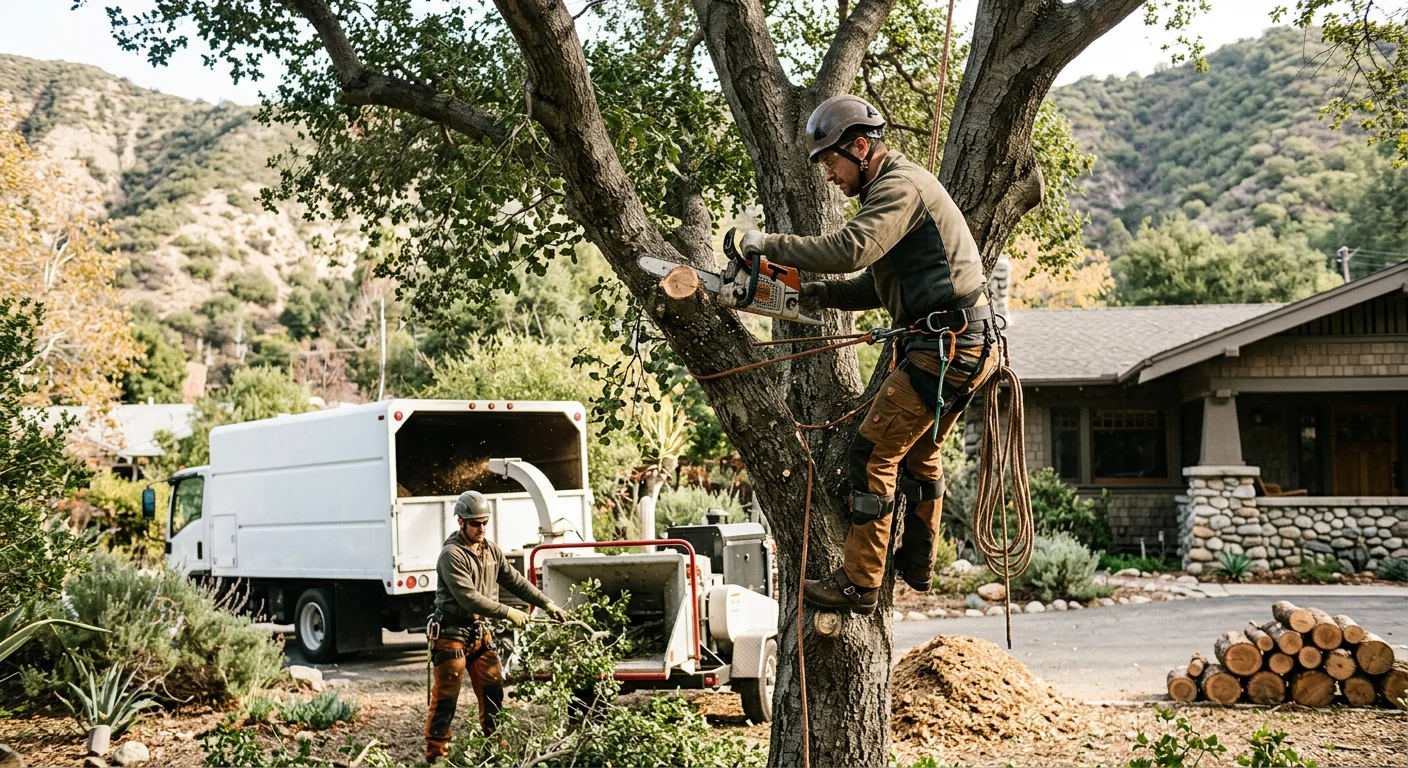 Cleared hillside lot with restored defensible space around a foothill home in Altadena