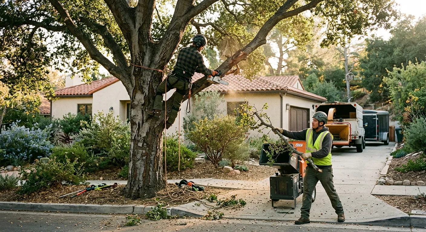 Crane and crew preparing to remove a mature tree on an Altadena property