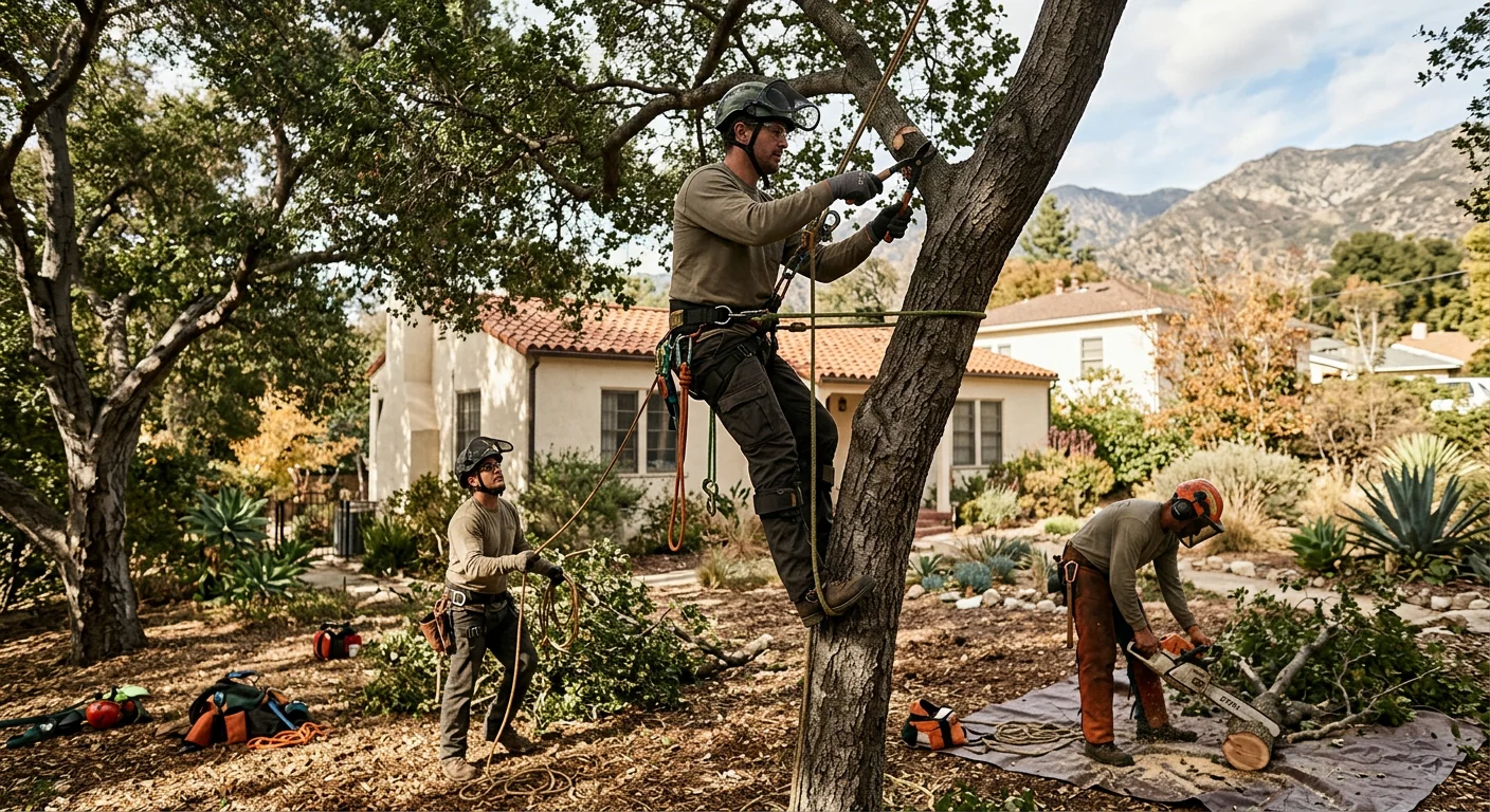 Crane lifting a large tree section over an Altadena hillside home