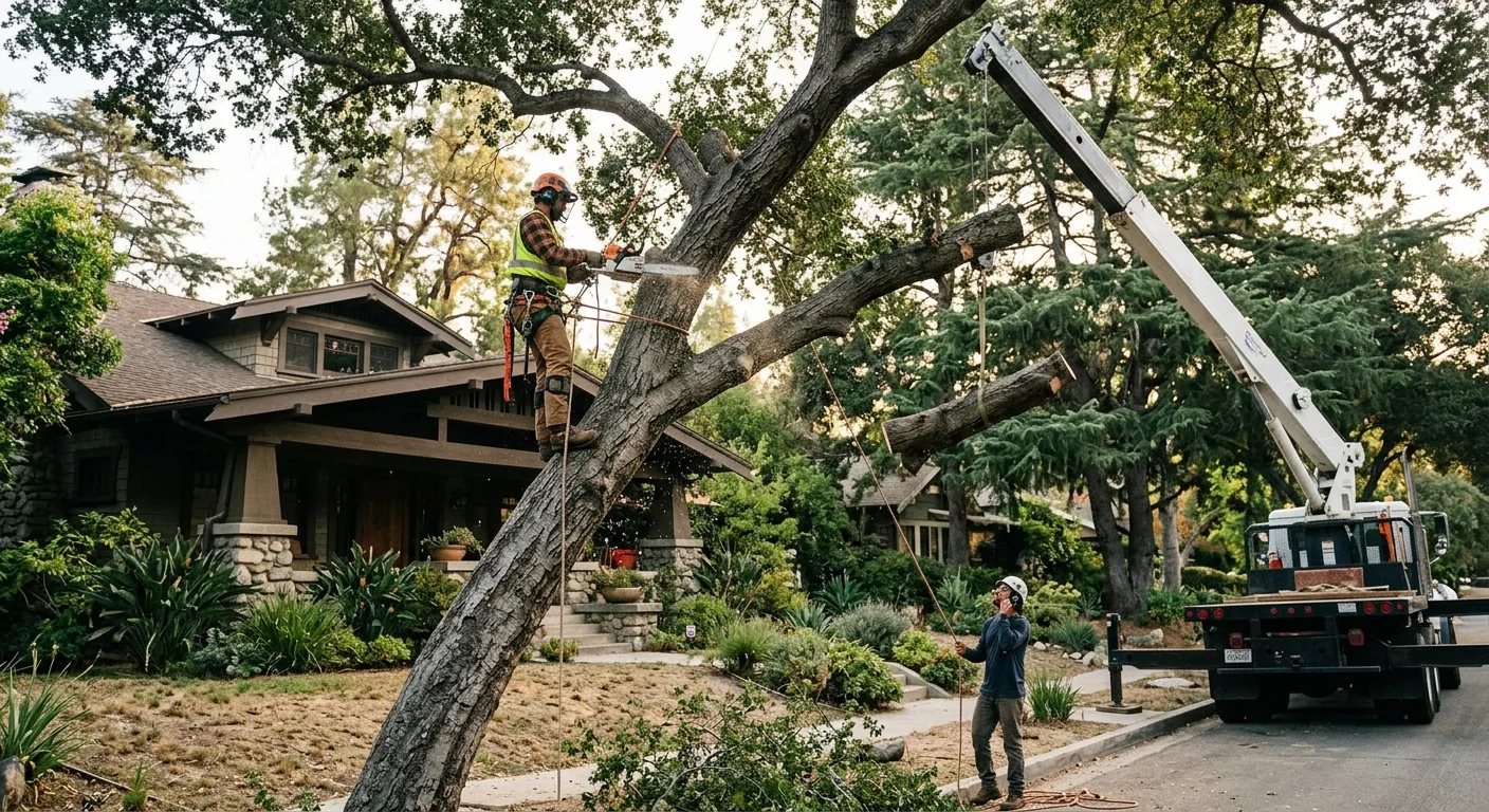 Large leaning oak beside an Altadena home marked for crane removal