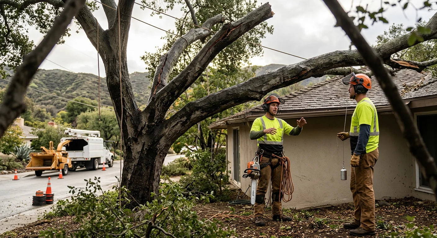 Storm-damaged tree with cracked leaders overhanging a residential roofline