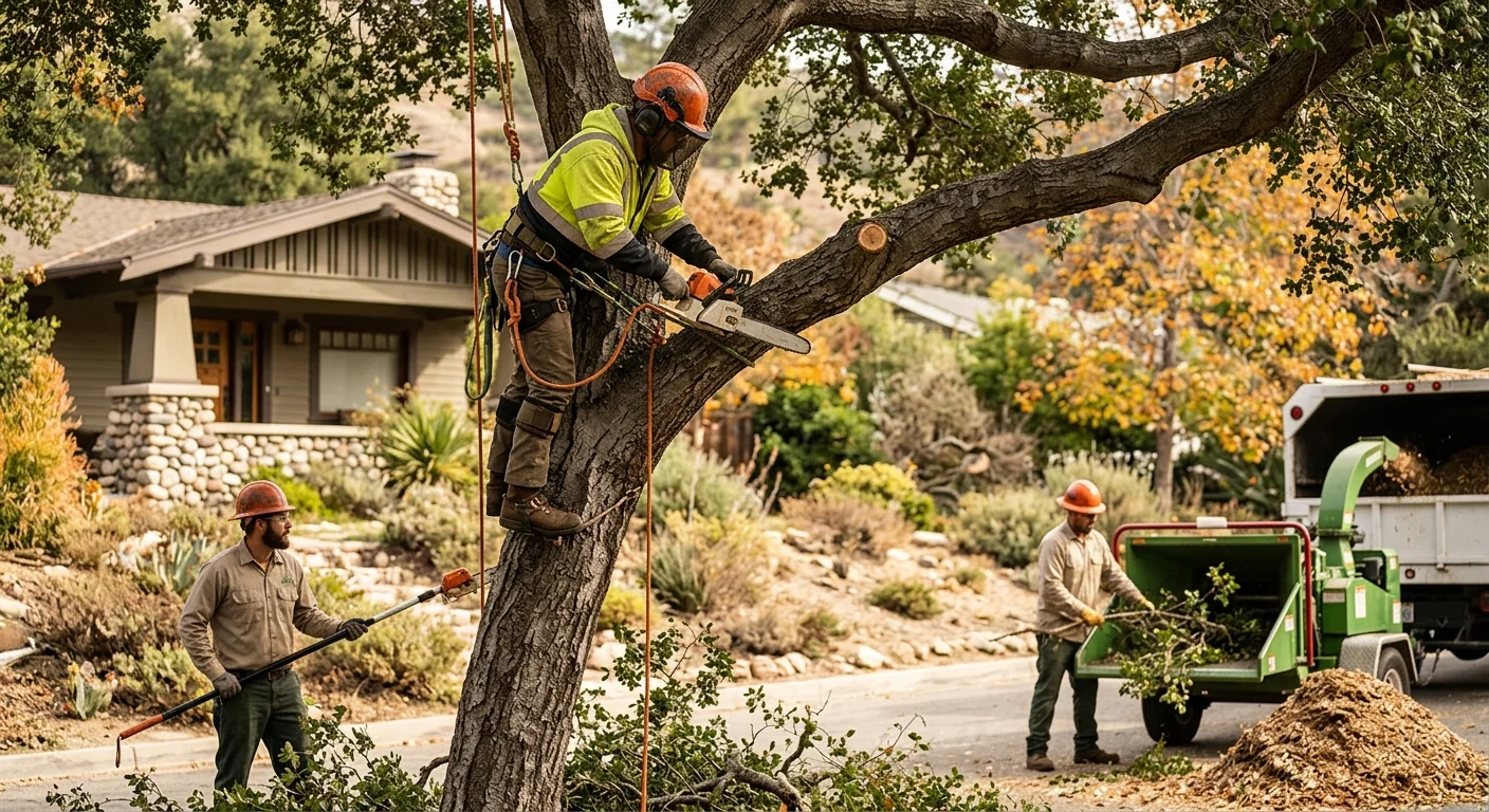 Crane lifting a sectioned tree limb over an Altadena home during removal