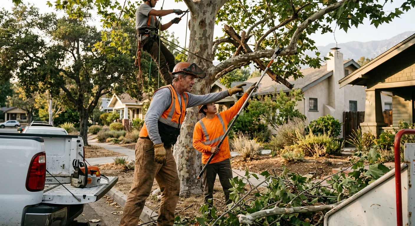 Crew assessing a fallen tree beside an Altadena driveway to prepare an emergency estimate
