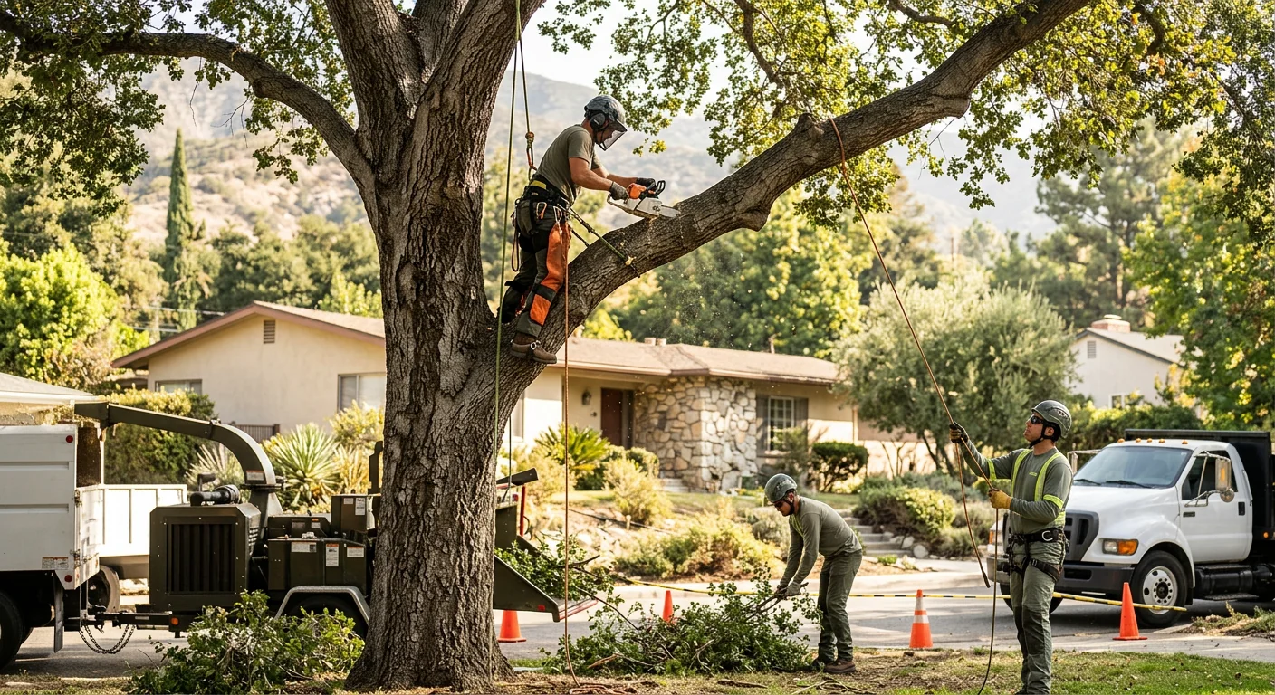 Arborist rigging a storm-damaged oak limb over an Altadena home during emergency removal