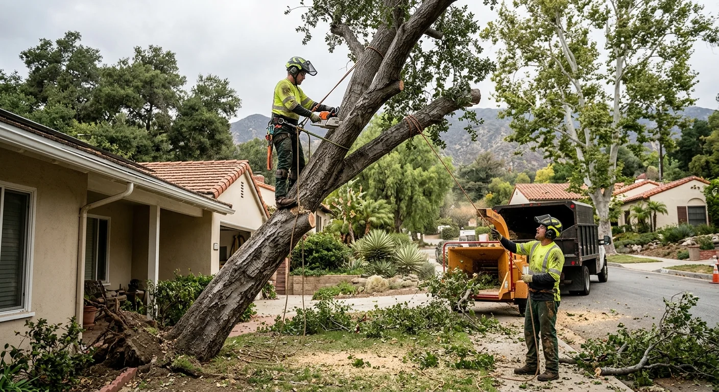 Storm-damaged tree leaning against a home in an Altadena neighborhood after high winds