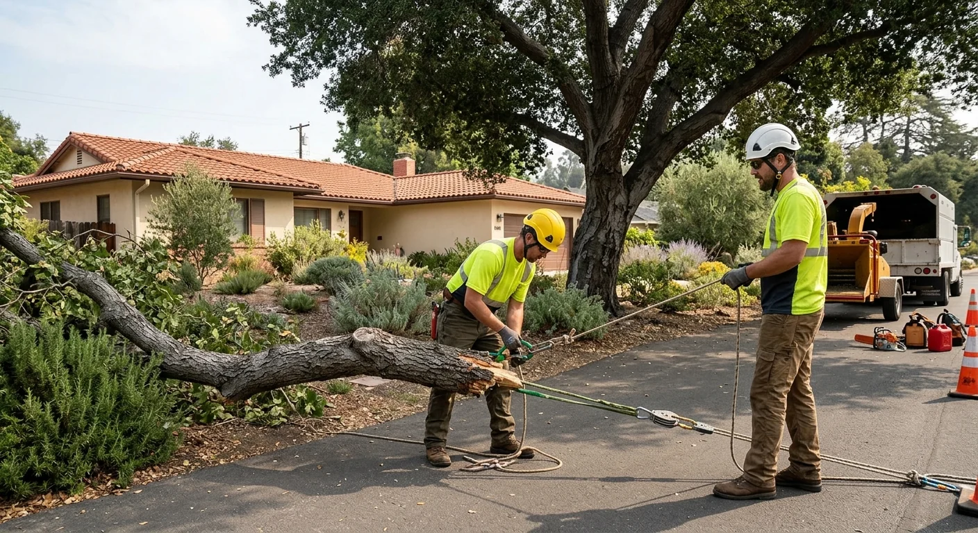 Arborist rigging a fallen limb for controlled removal near a residential driveway