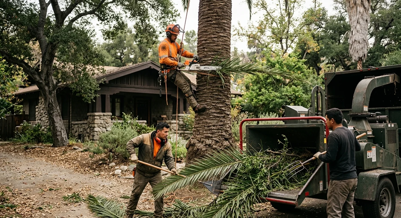 Emergency tree removal crew clearing a fallen trunk from an Altadena front yard
