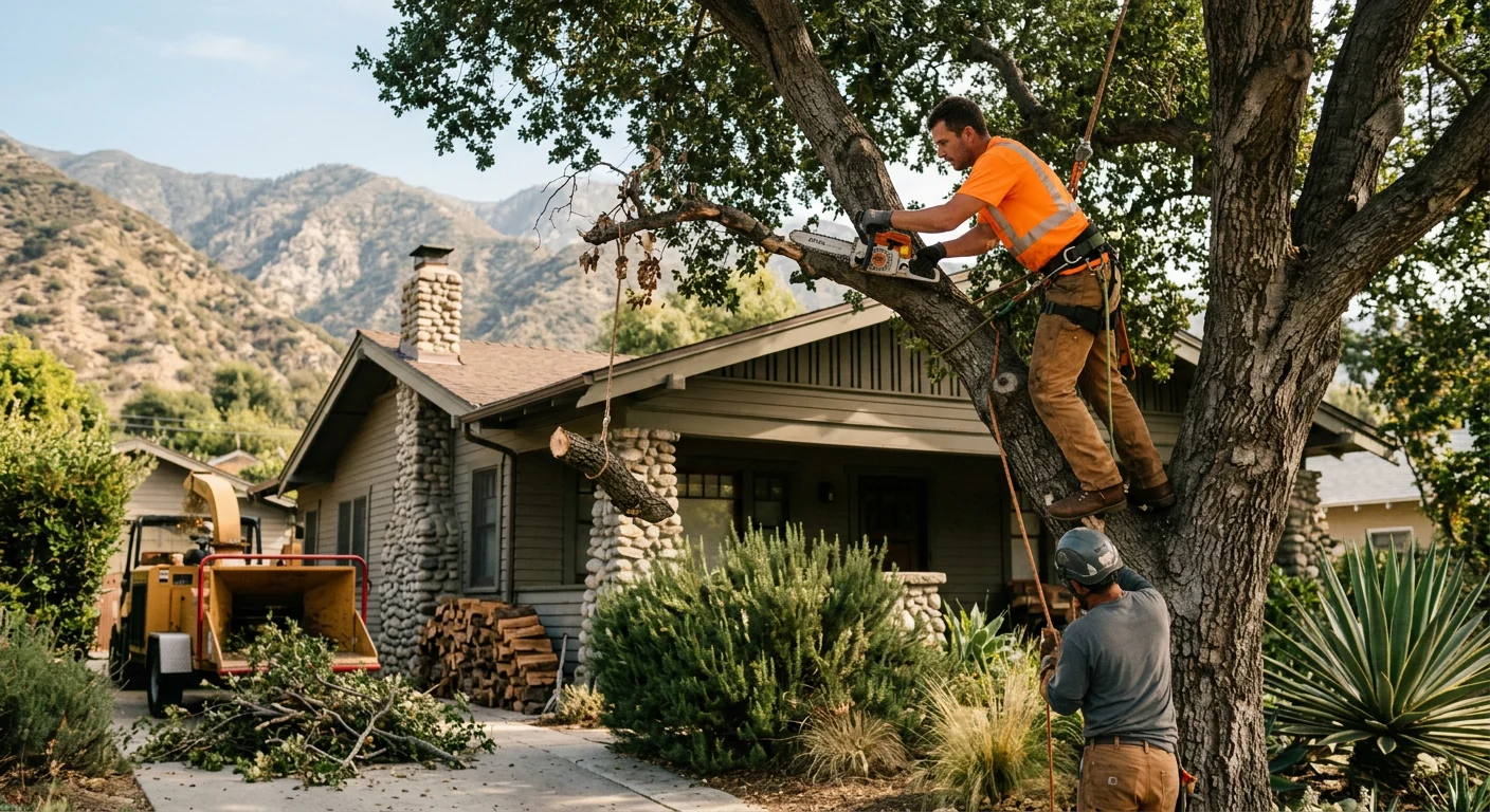 Crane-assisted hazardous tree removal on a tight Altadena residential property
