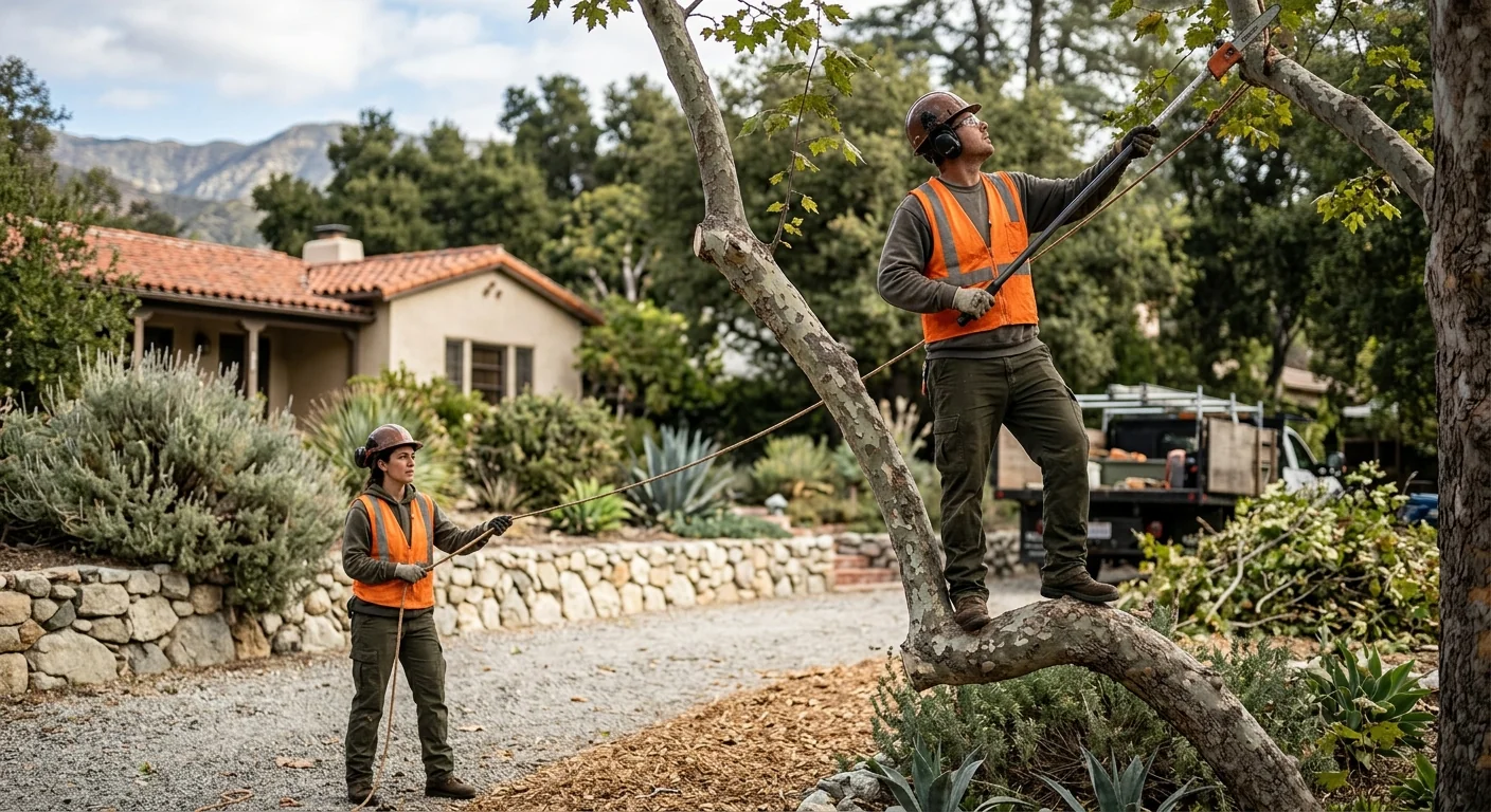 Arborist rigging down a hazardous tree limb near an Altadena foothill home