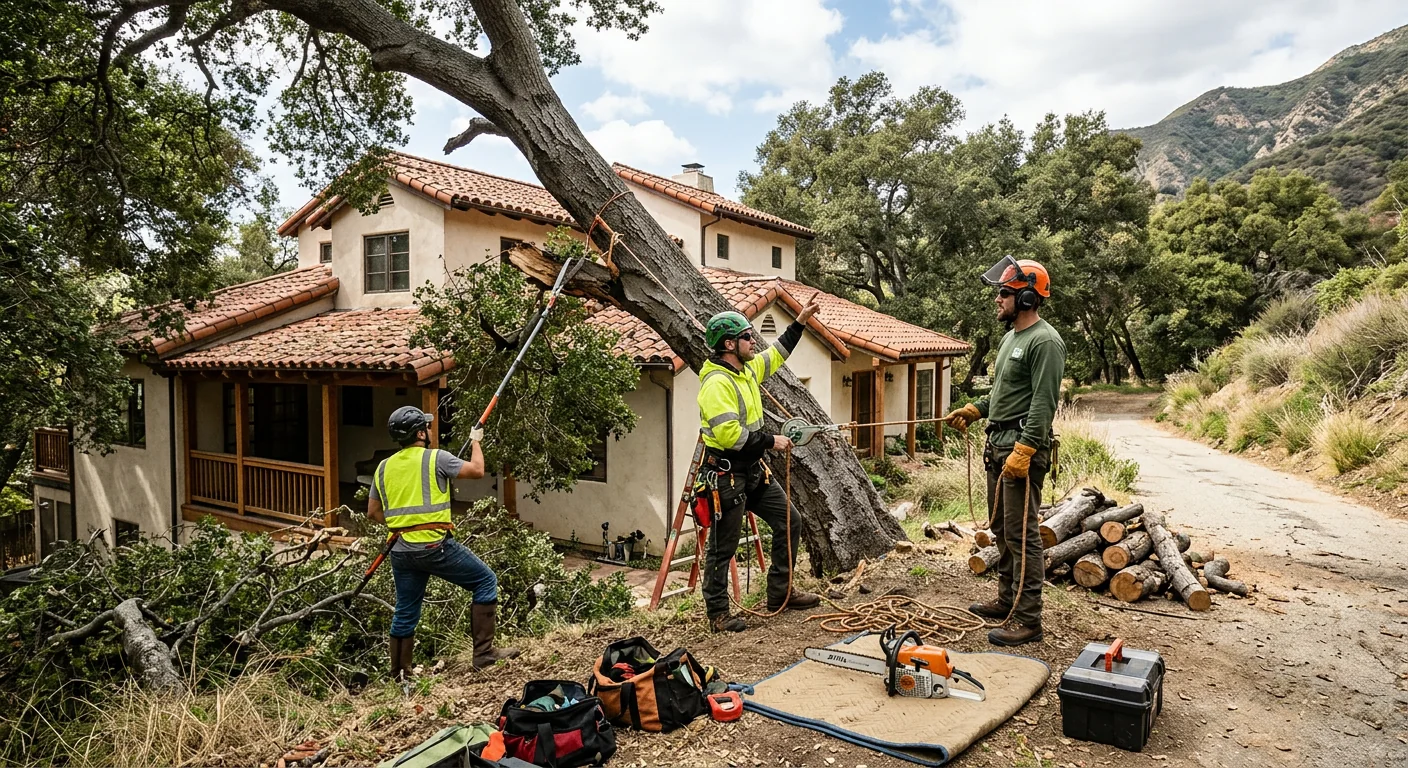 Leaning storm-damaged tree threatening an Altadena foothill home roofline