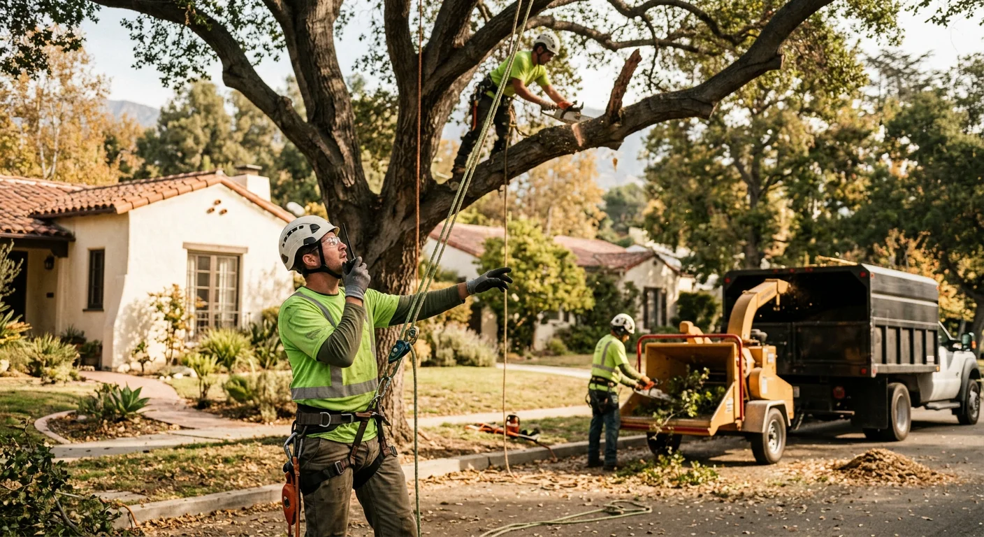 Crane lowering a large hazardous tree section over an Altadena backyard