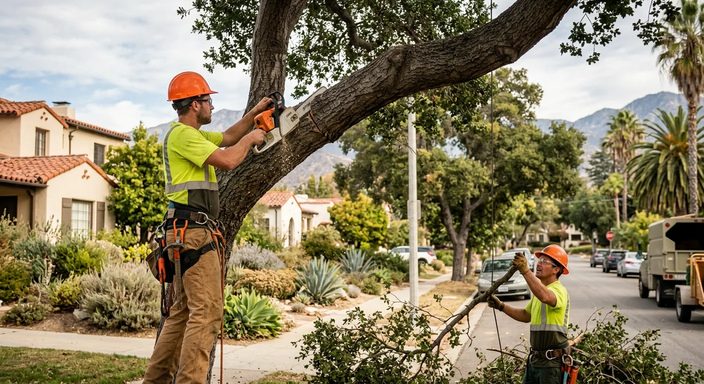 Crew clearing brush and small trees from a foothill lot in Altadena