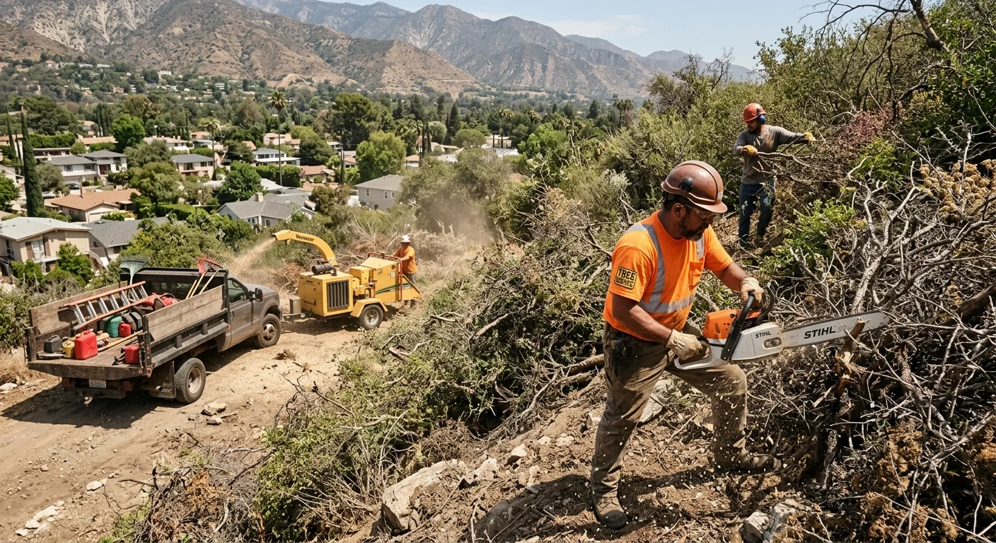 Overgrown foothill lot with dense brush and scrub before clearing in Altadena
