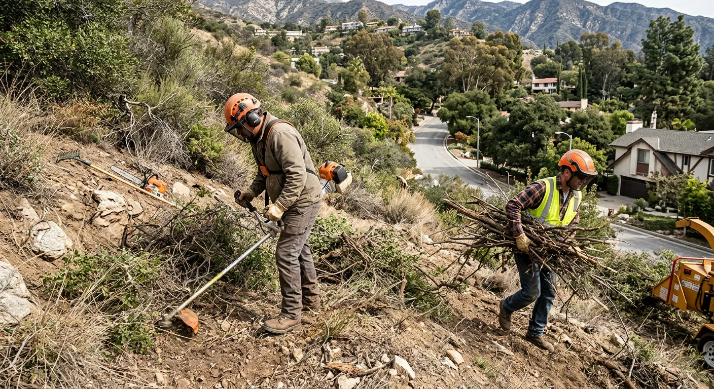 Crew removing woody debris and understory vegetation from a hillside property