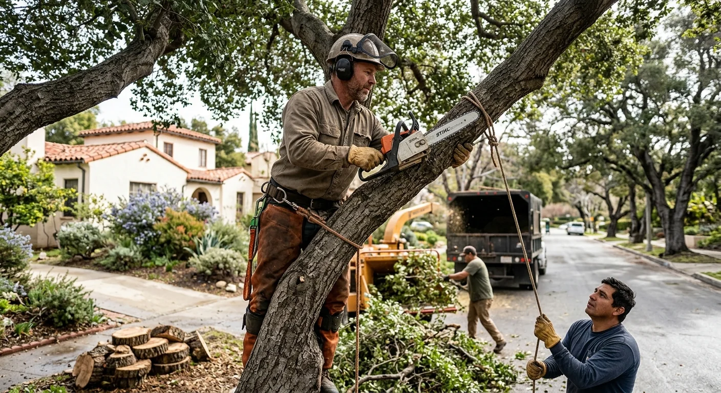 Arborist reviewing storm-damaged oak with homeowner while preparing a written estimate in Altadena
