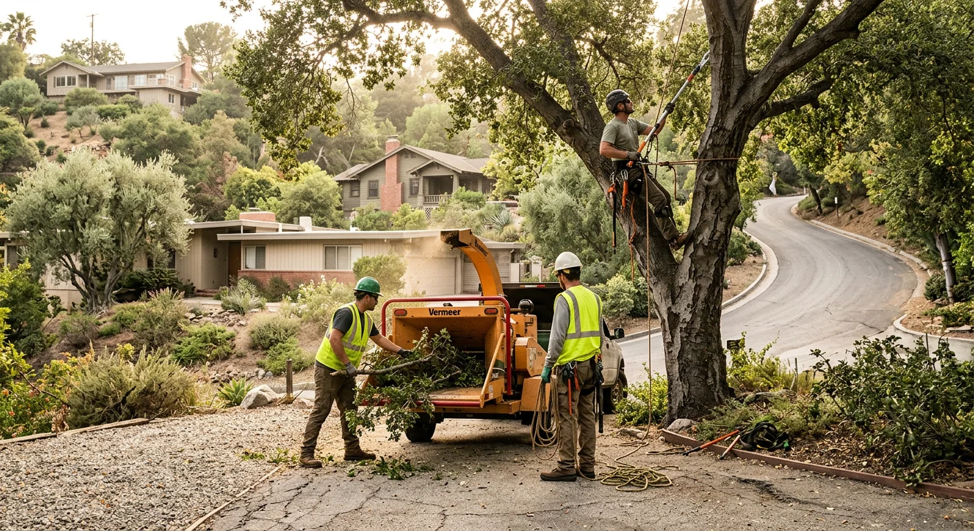 Tree crew clearing storm-downed limbs from an Altadena foothill property after high winds