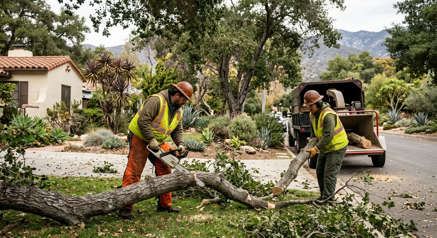 Fallen storm-damaged tree limbs across an Altadena residential yard after heavy winds