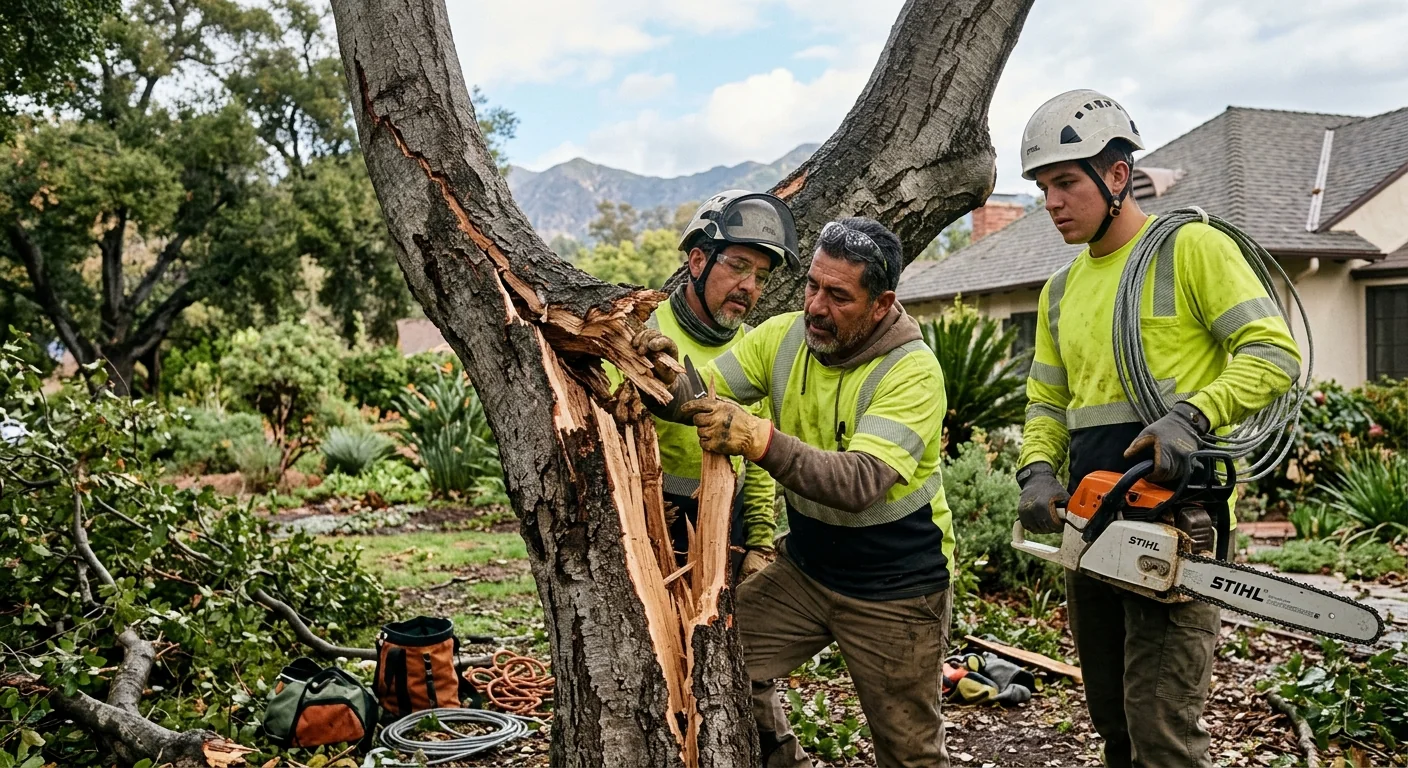 Arborist inspecting a split trunk and cracked branch union following a storm