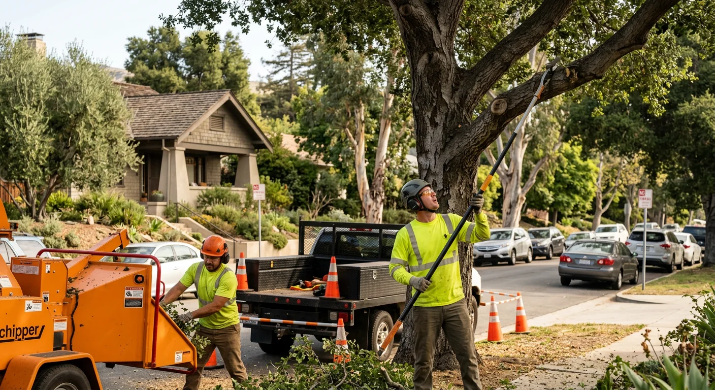 Crane-assisted storm damage tree removal on an Altadena hillside property