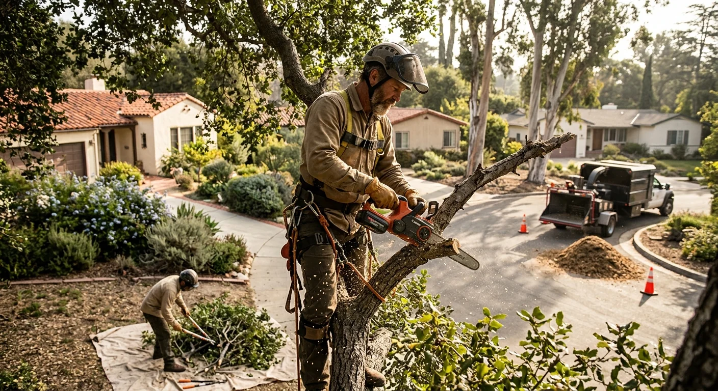 Stump grinder reducing a tree stump below grade on an Altadena residential property