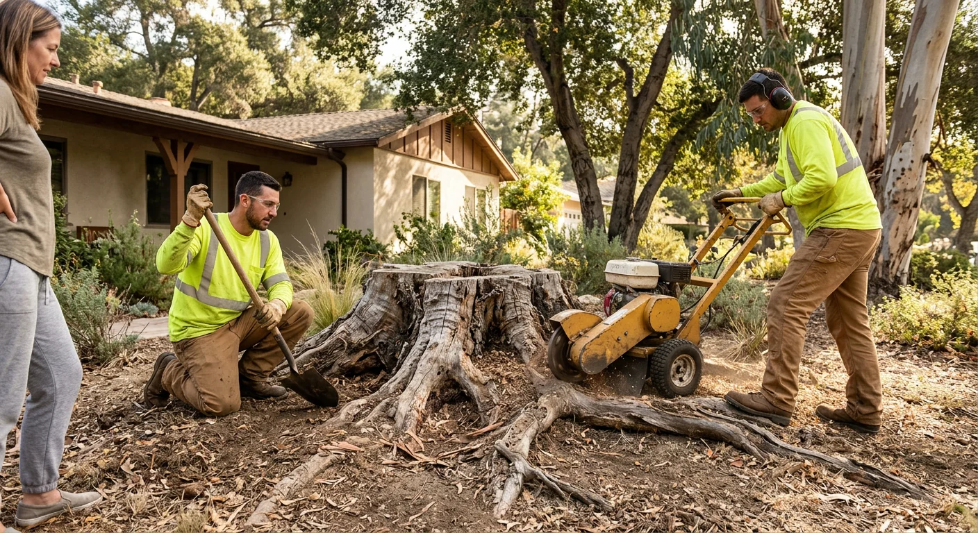 Aging tree stump with surface roots in an Altadena backyard needing grinding