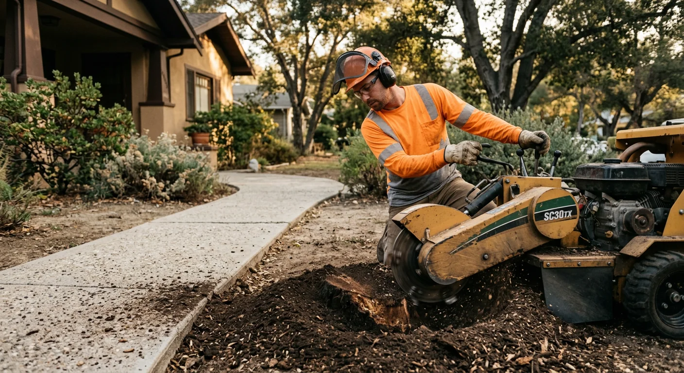 Stump grinder clearing decayed wood below grade near a residential walkway