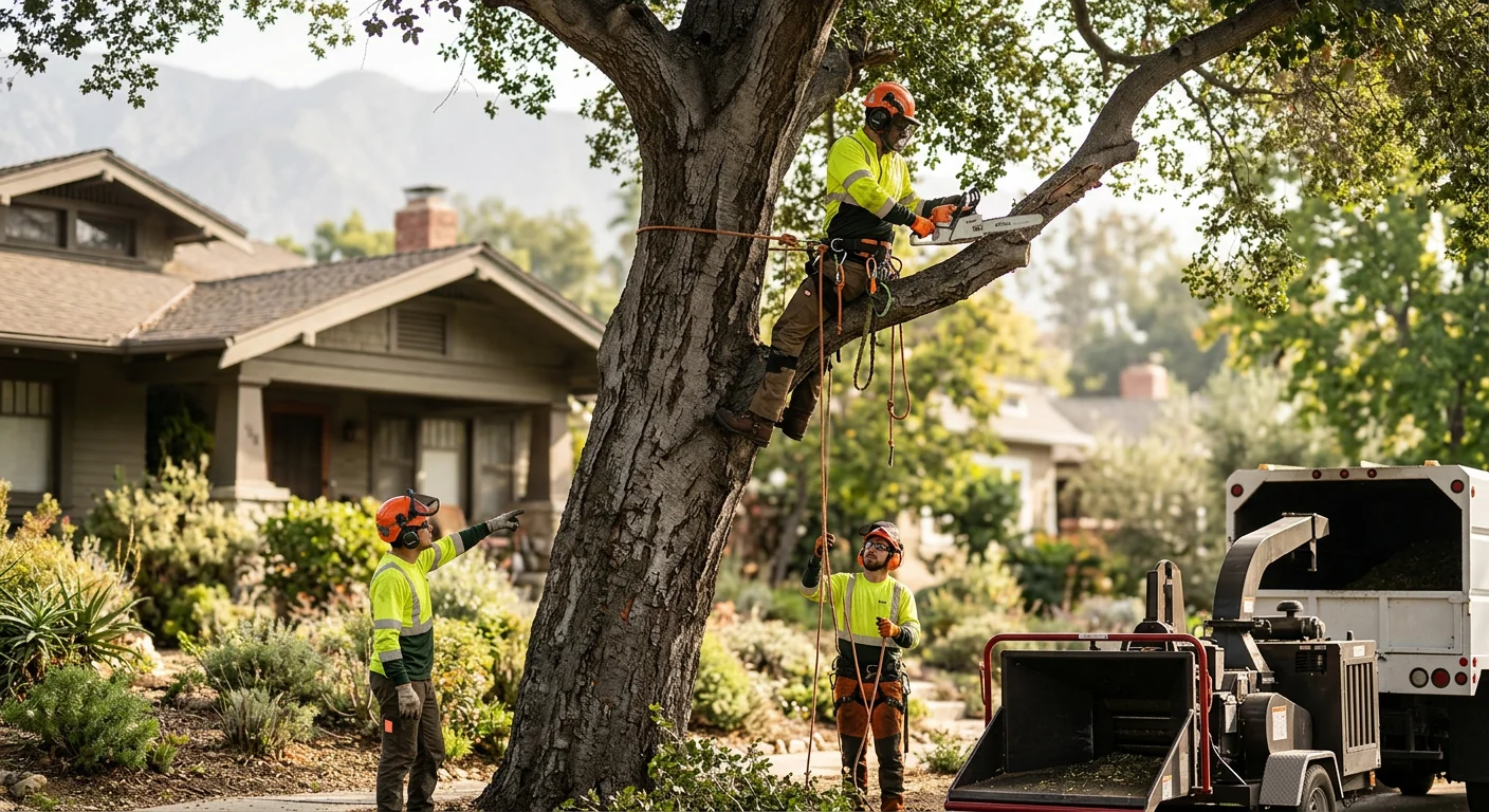 Steel support cable and brace rod hardware installed in a tree crown in Altadena