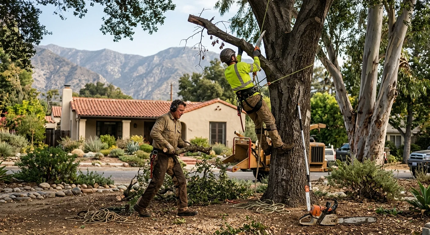 Arborist installing support cable in a mature oak canopy on an Altadena property