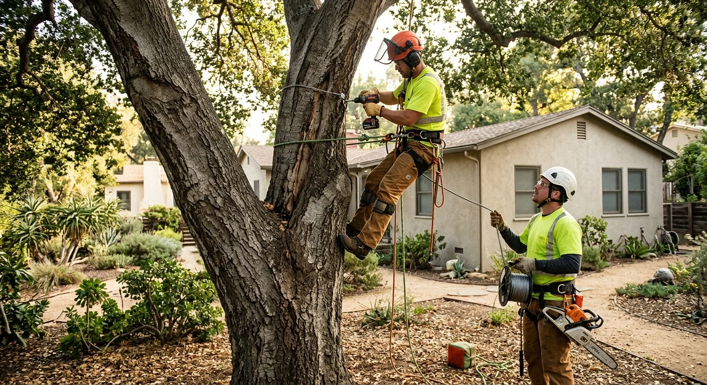 Mature oak with split codominant stem needing cabling support in an Altadena yard