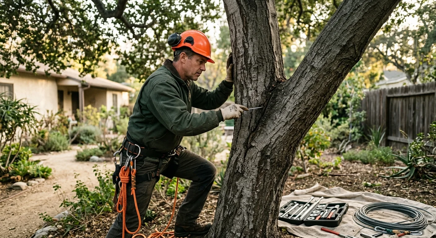 Arborist inspecting a weak branch union with included bark before bracing installation