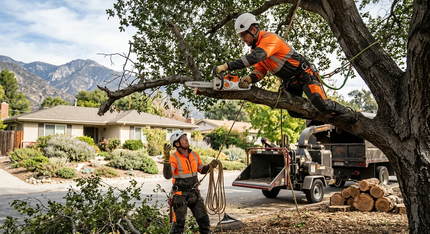 Crew installing a steel support cable in a large canopy tree on a residential property
