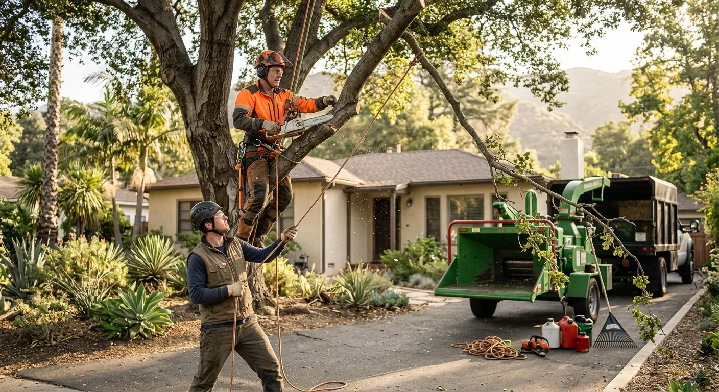 Arborist reviewing tree care estimate with a homeowner at an Altadena property
