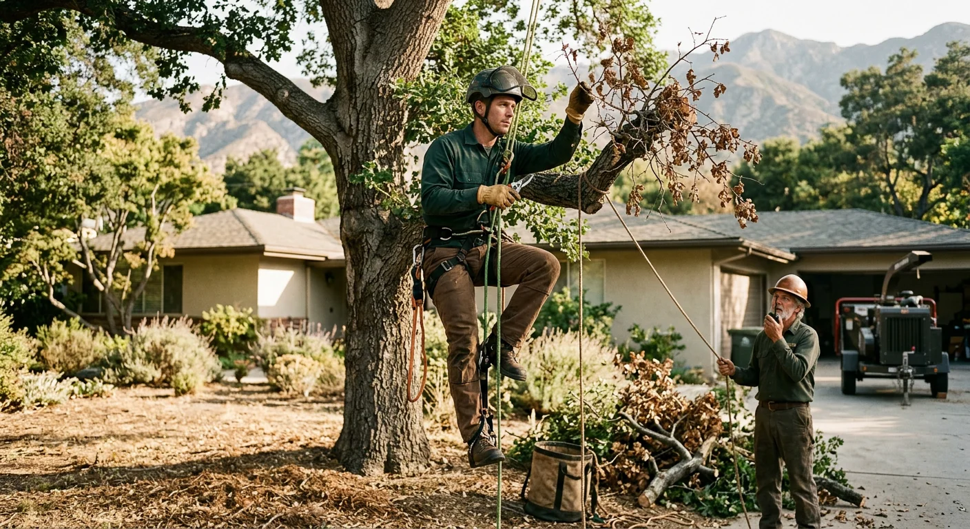 Arborist inspecting canopy dieback on a mature oak in an Altadena yard