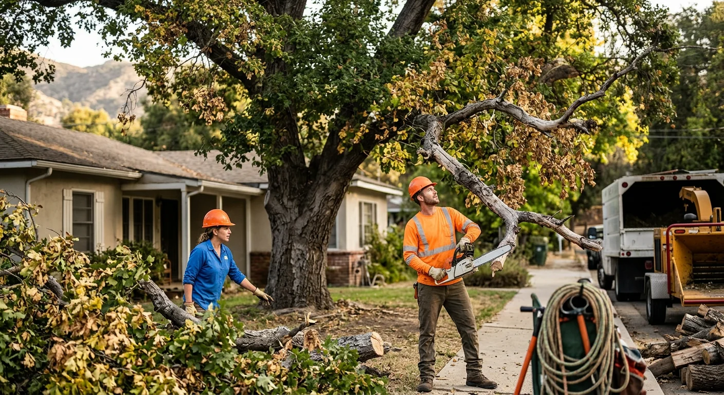 Discolored foliage and deadwood showing signs of tree stress near a home