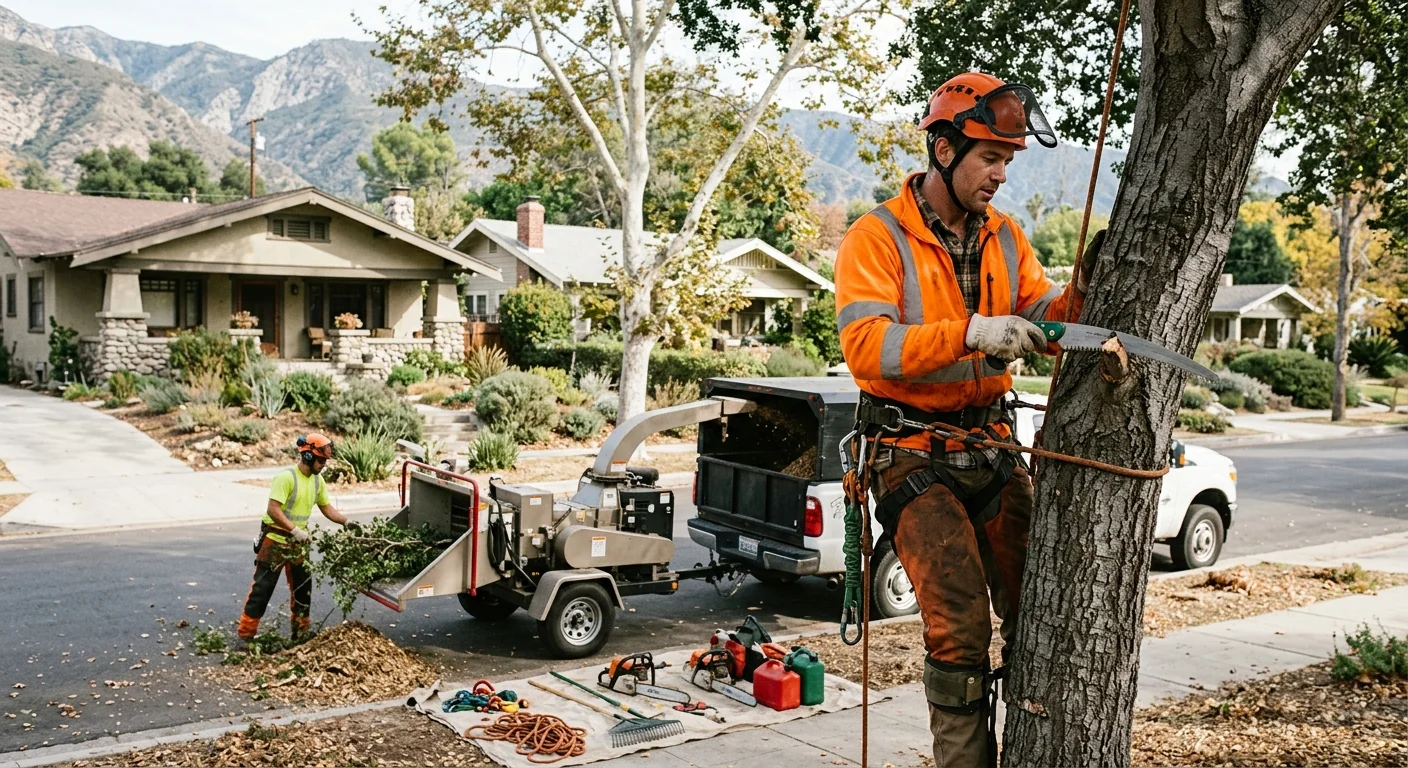 Newly planted trees staked and mulched along an Altadena property line