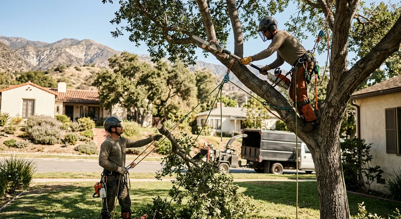 Arborist planting a young shade tree in an Altadena residential yard