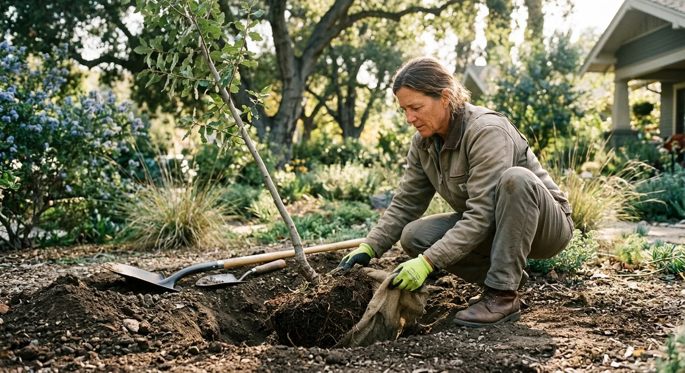 Arborist checking soil and root ball placement before planting a young tree
