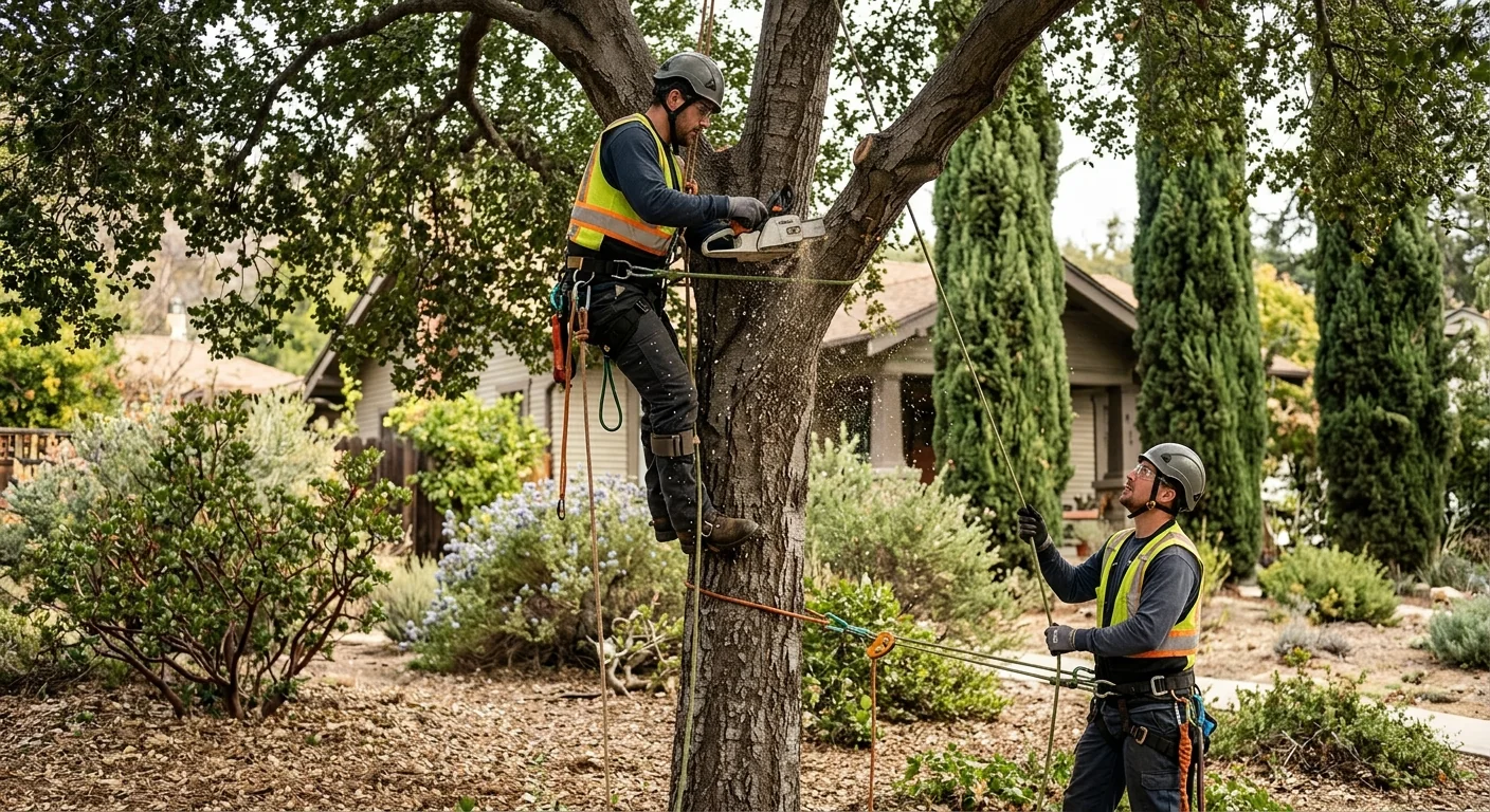 Pruning crew assessing a large tree canopy before quoting work at an Altadena property