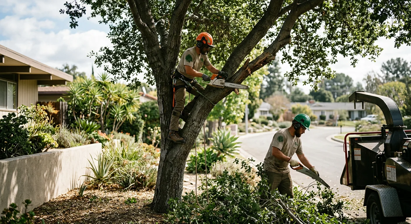 Arborist making a reduction cut on a mature shade tree in an Altadena yard