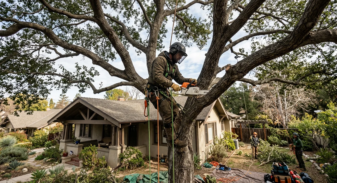 Arborist pruning an oak canopy over an Altadena home during winter