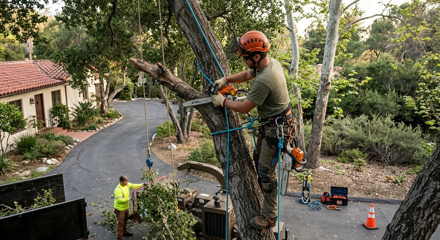 Local crew reviewing pruned trees with an Altadena homeowner after service