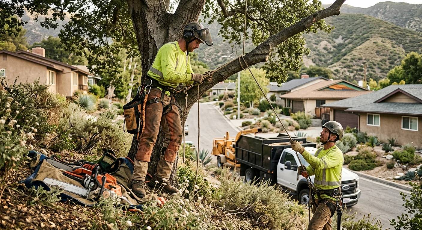Arborist reviewing a large tree near a home to estimate removal cost in Altadena