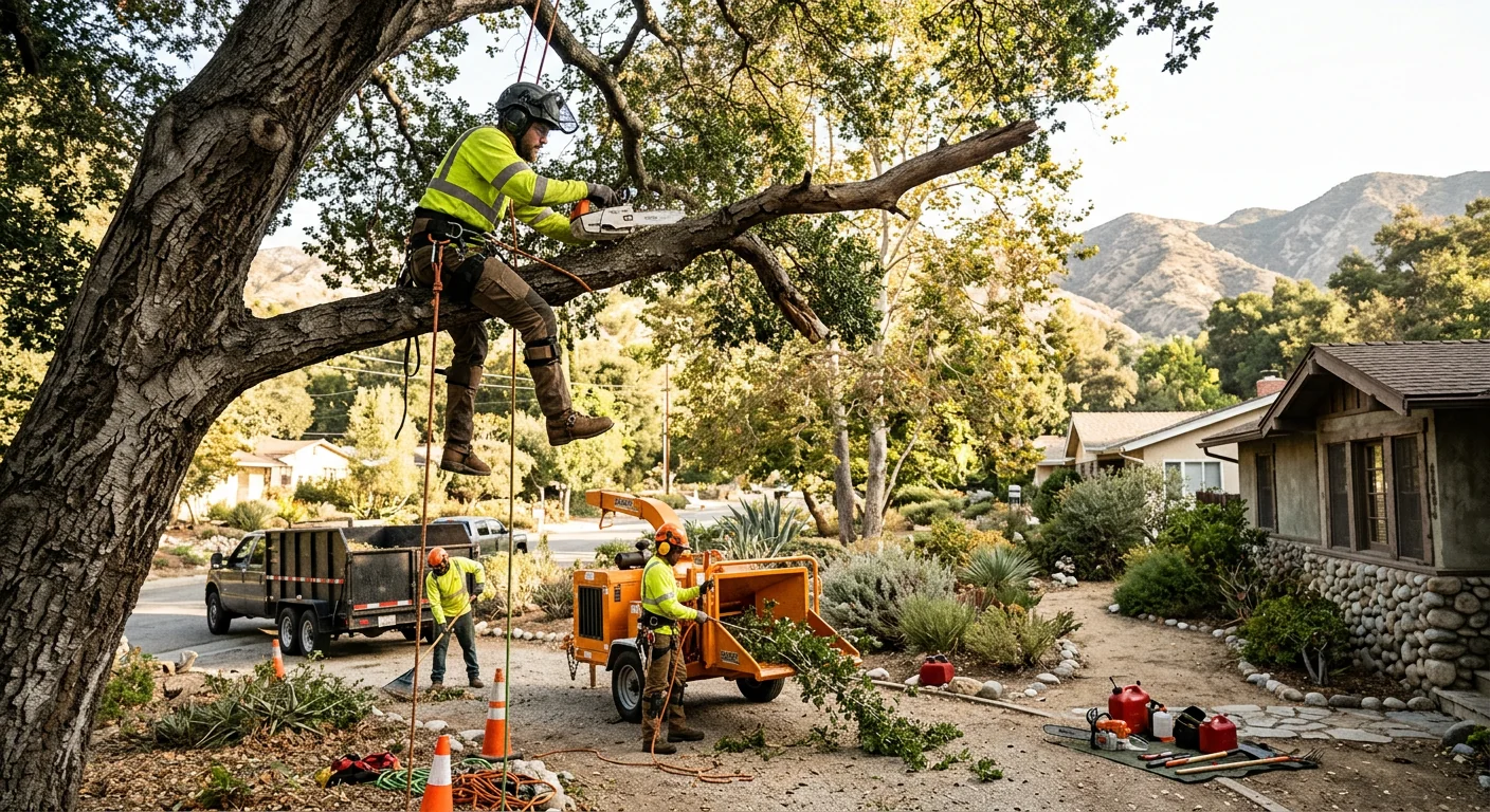 Tree removal crew sectioning a large trunk on a residential Altadena hillside property