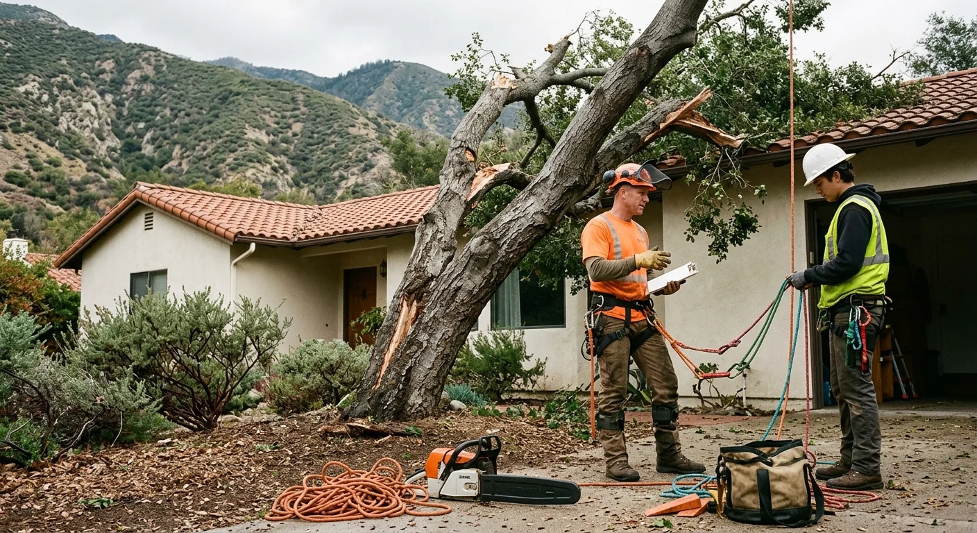 Leaning storm-damaged tree near an Altadena home awaiting safe removal