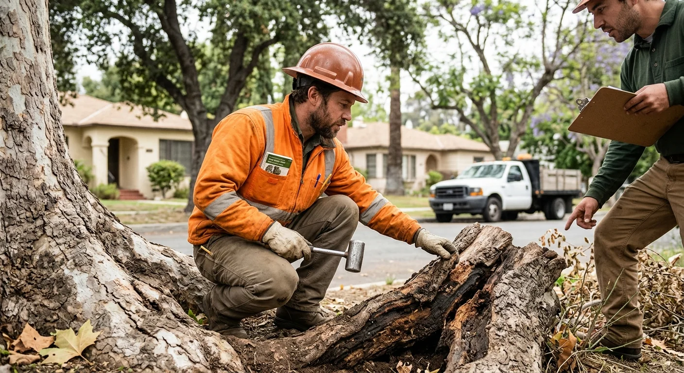 Arborist inspecting cracked root plate and trunk decay before tree removal
