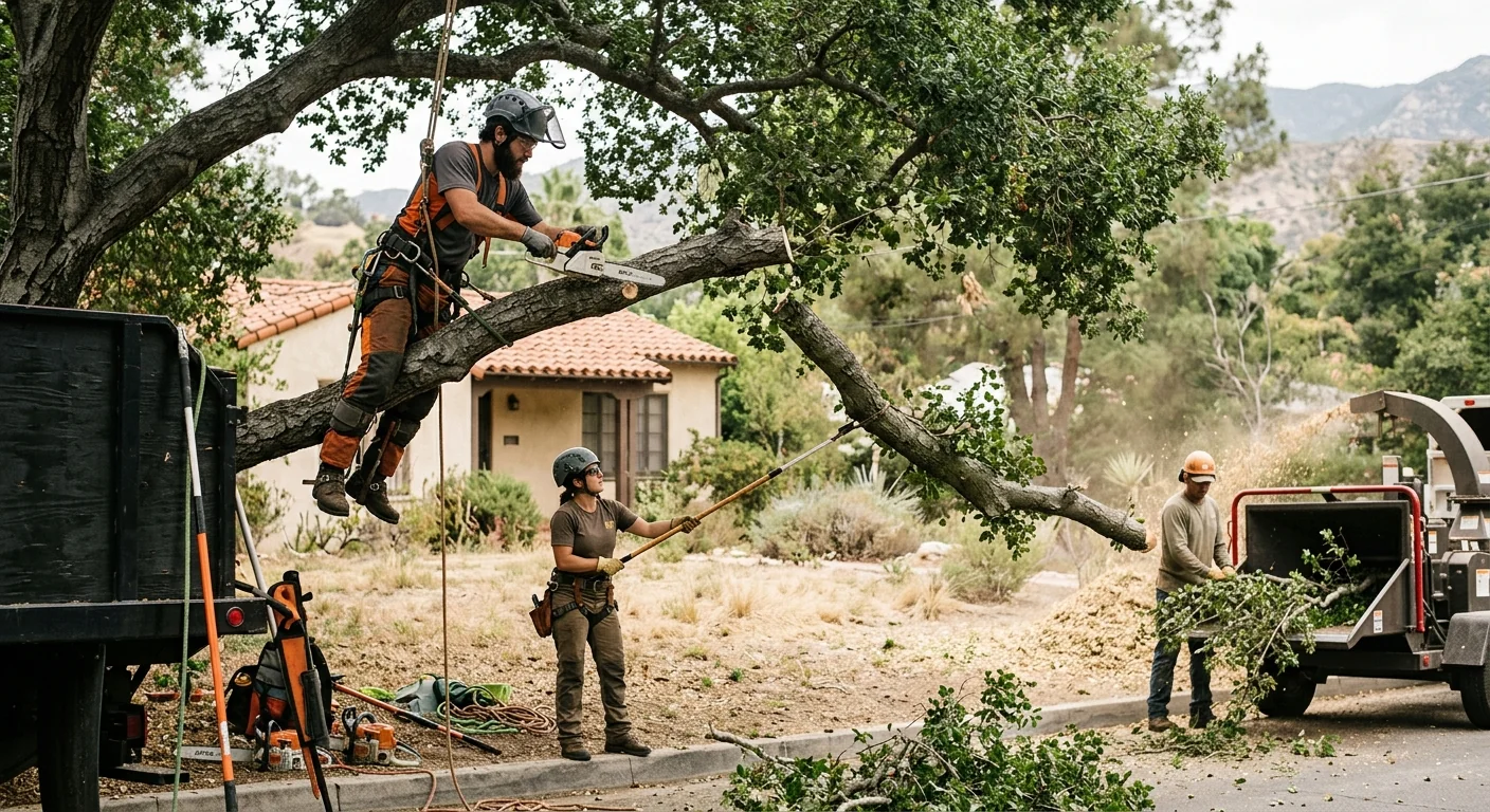 Crew safely lowering a tree section near an Altadena hillside home