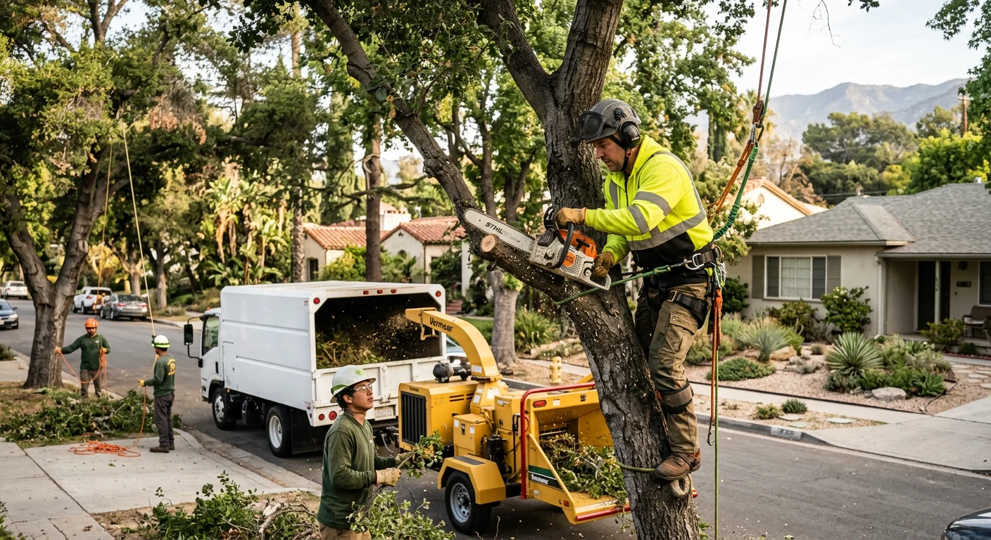 Arborist reviewing a written tree risk report with an Altadena homeowner outside a home