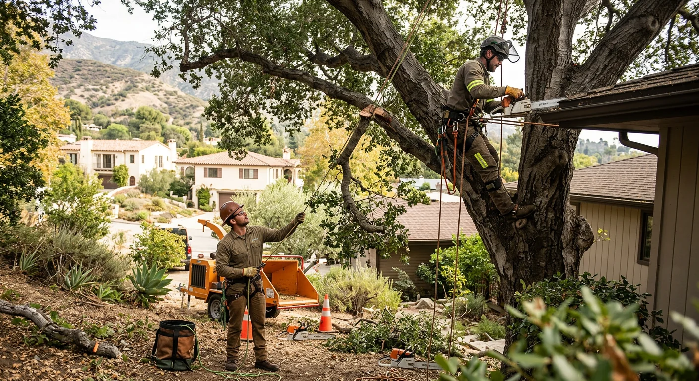 Arborist inspecting a mature oak for structural defects on an Altadena hillside property